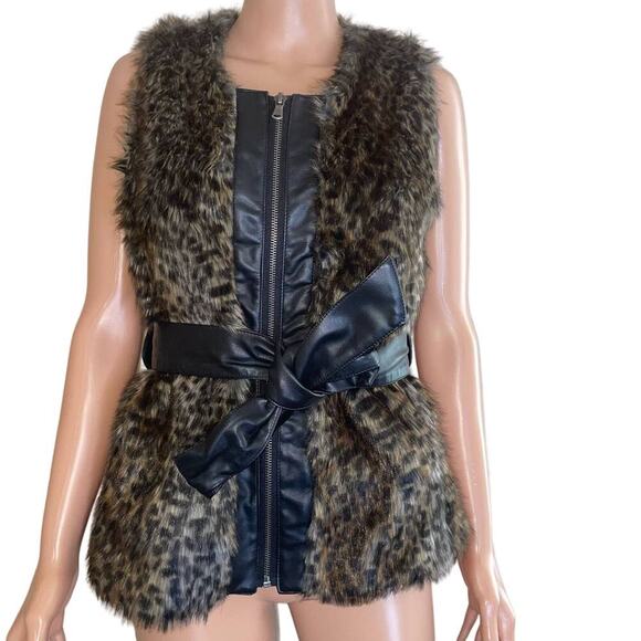 Daytrip vest faux fur full zip belted cheetah leopard animal print jacket SZ SM - Picture 2 of 10